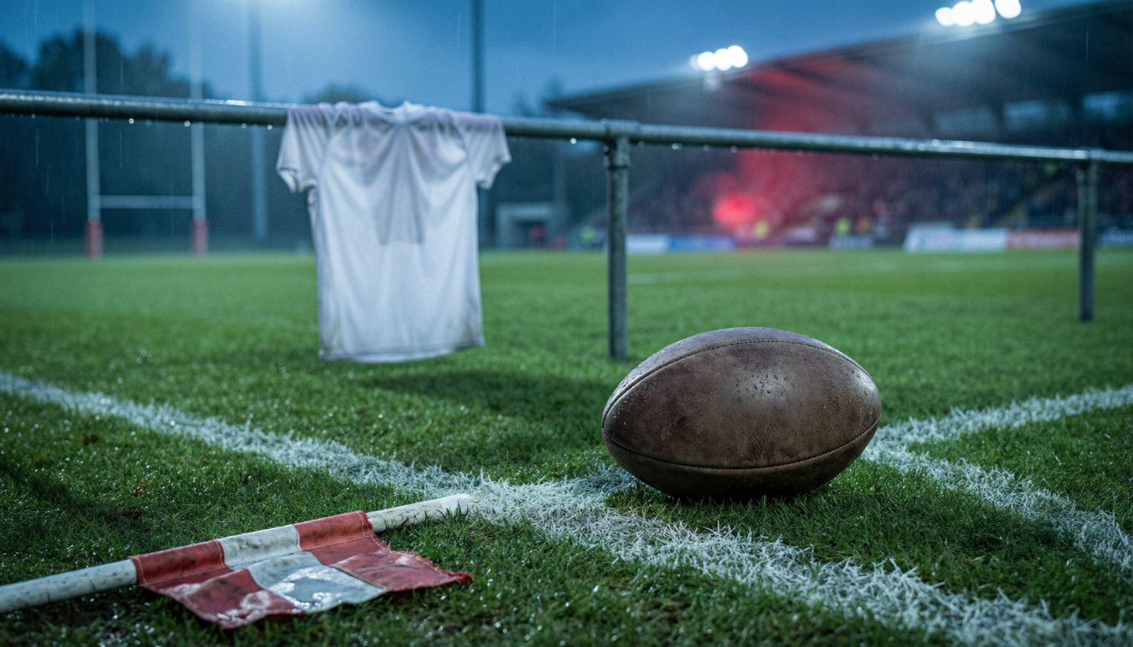 雨后橄榄球场、球与角旗的AI示意图，无人物与队徽